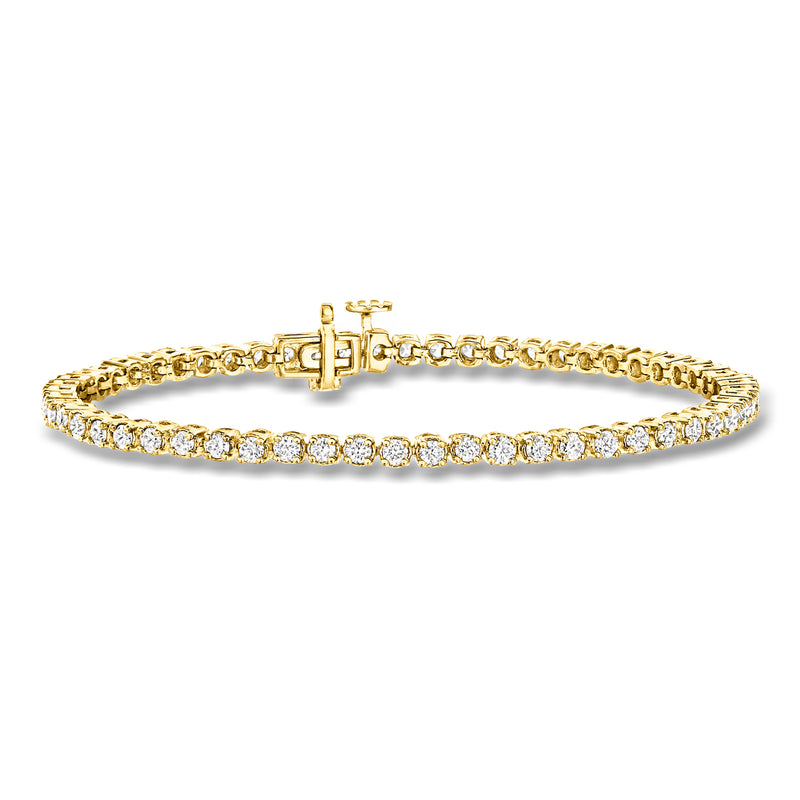 Yellow gold diamond tennis bracelet with round stones and center clasp
