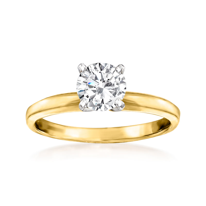 14k gold solitaire ring with round diamond center stone on a slender band