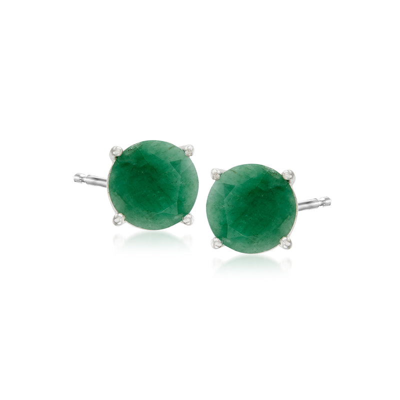 Emerald stud earrings in sterling silver with round green gemstone settings