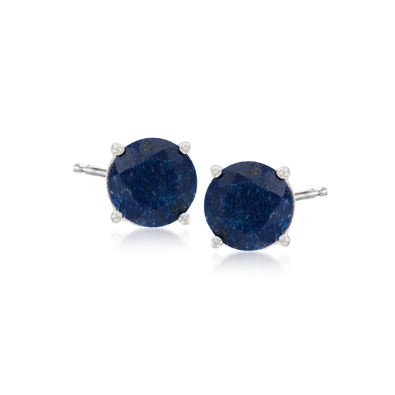 Round blue sapphire stud earrings in sterling silver with four-prong bezel setting