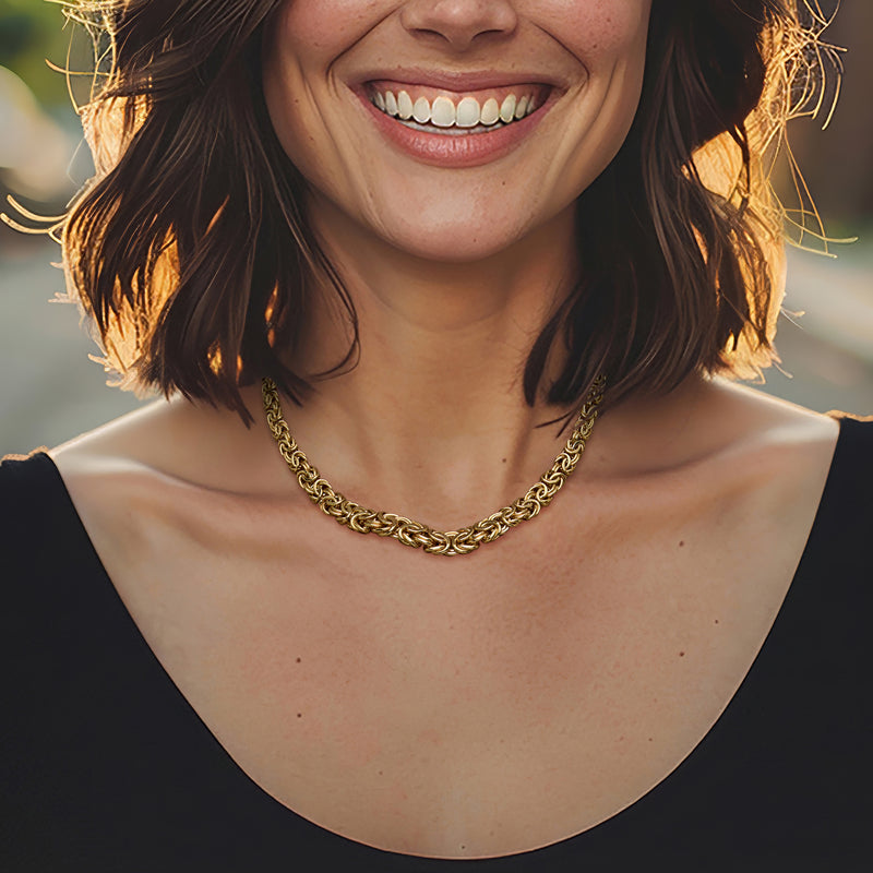 14kt yellow gold Byzantine link necklace with graduated chain on neckline