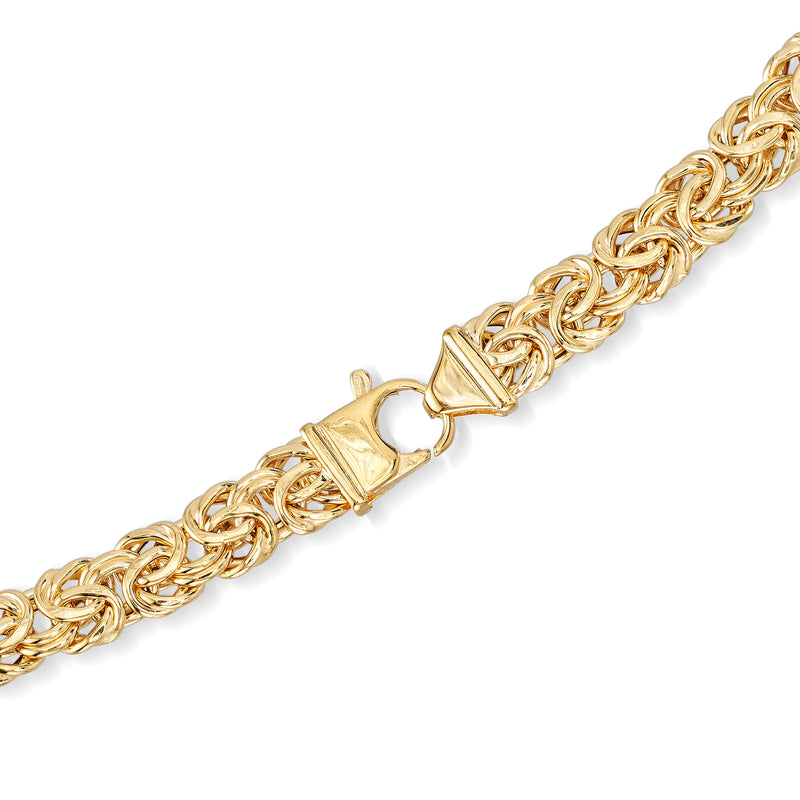 14kt yellow gold Byzantine link necklace with toggle clasp end detail