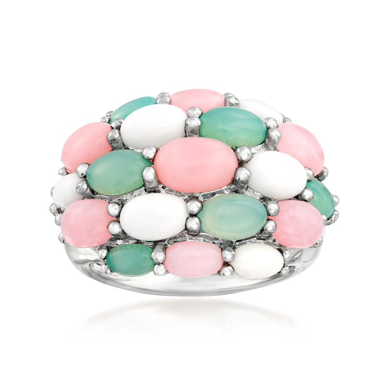 Sterling silver ring with pink, white, and green oval gemstone cabochons
