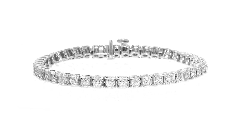 Sterling silver diamond tennis bracelet top view with evenly spaced round stone rows