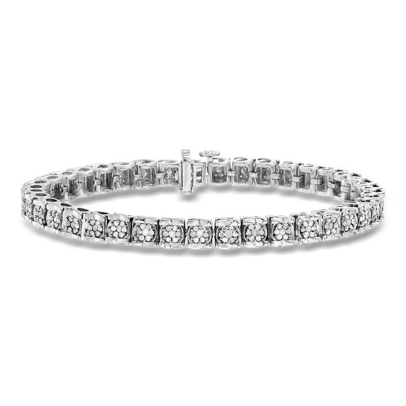Sterling silver diamond tennis bracelet with clustered square stones and center box clasp