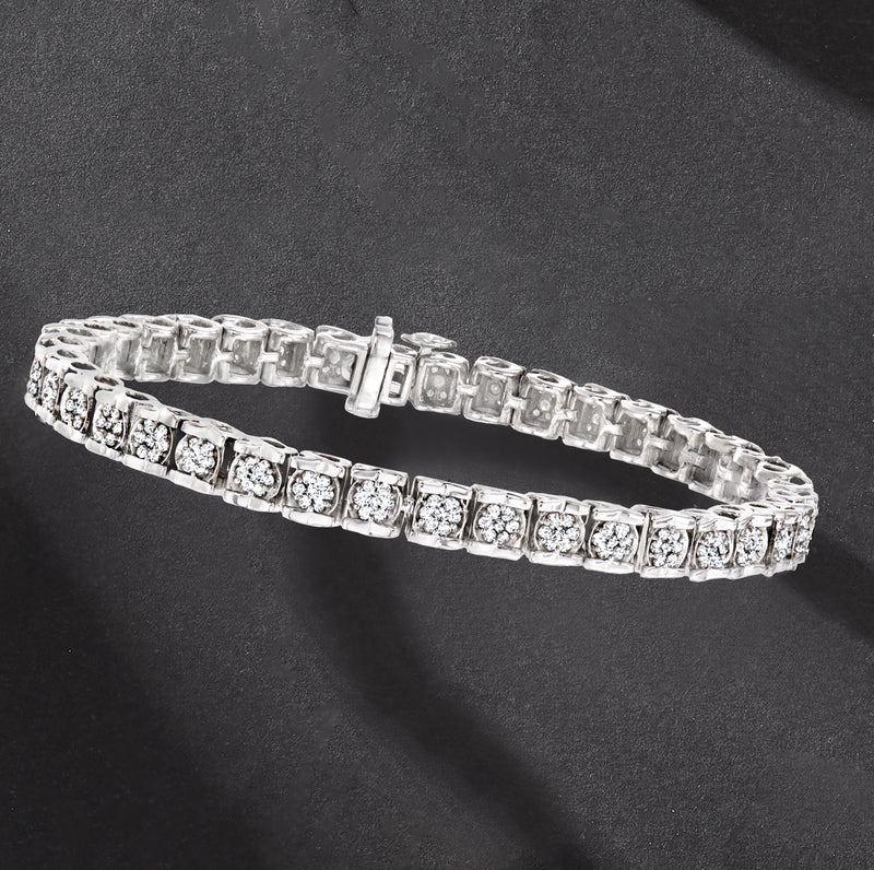Sterling silver diamond tennis bracelet, side view with linked rows of square clusters