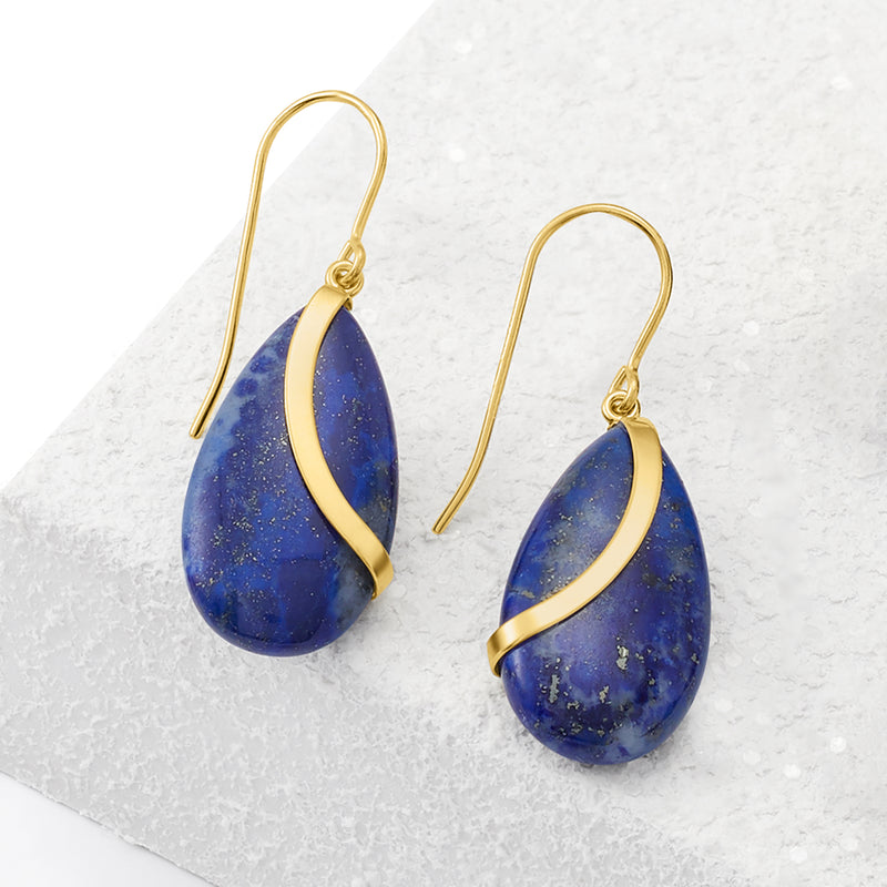 Teardrop blue lapis drop earrings with curved yellow gold band and ear wires