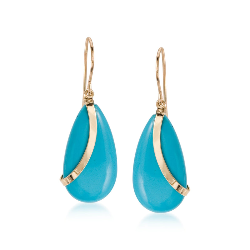 Turquoise teardrop earrings with 14kt yellow gold earwires and gold curved accents