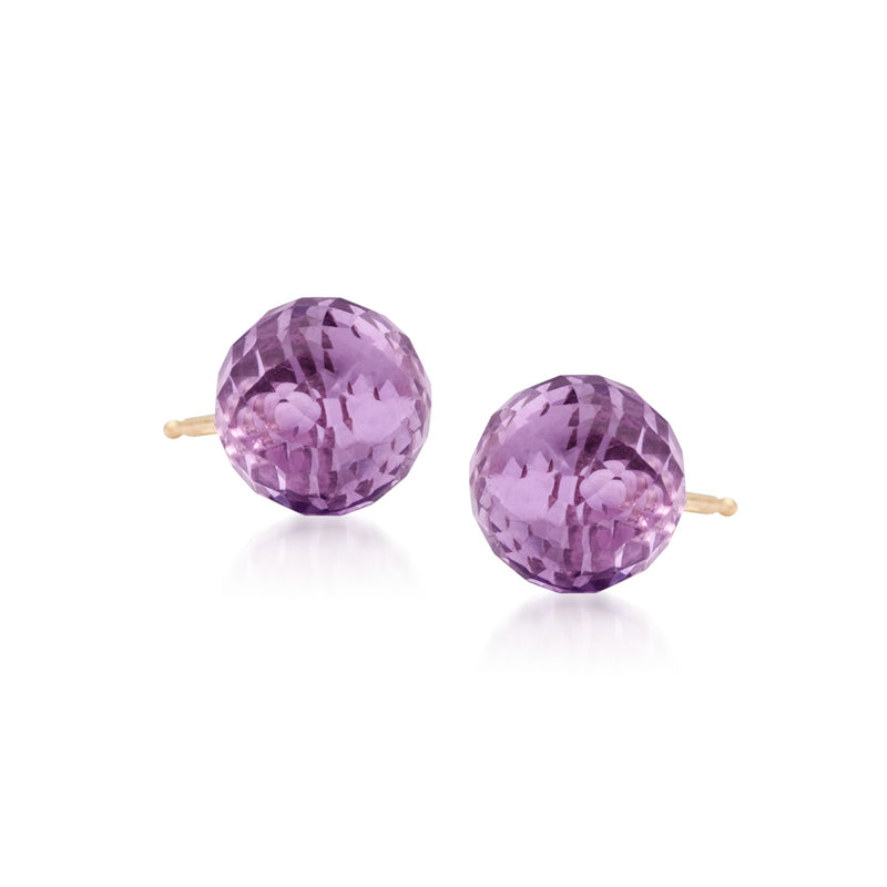 Amethyst stud earrings in 14kt yellow gold, round faceted purple stones with post backs