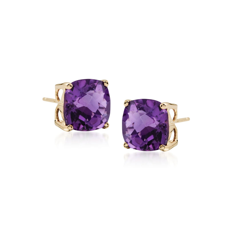 14kt yellow gold amethyst stud earrings with oval purple gemstones