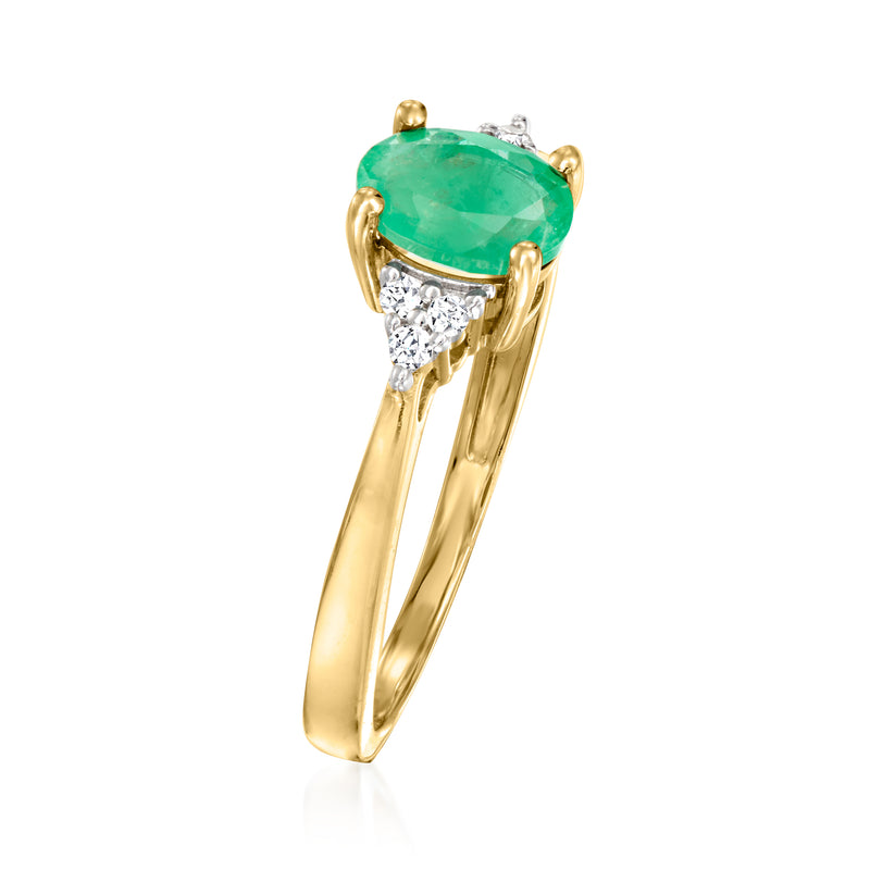 14kt yellow gold emerald ring, oval green stone with curved diamond bands