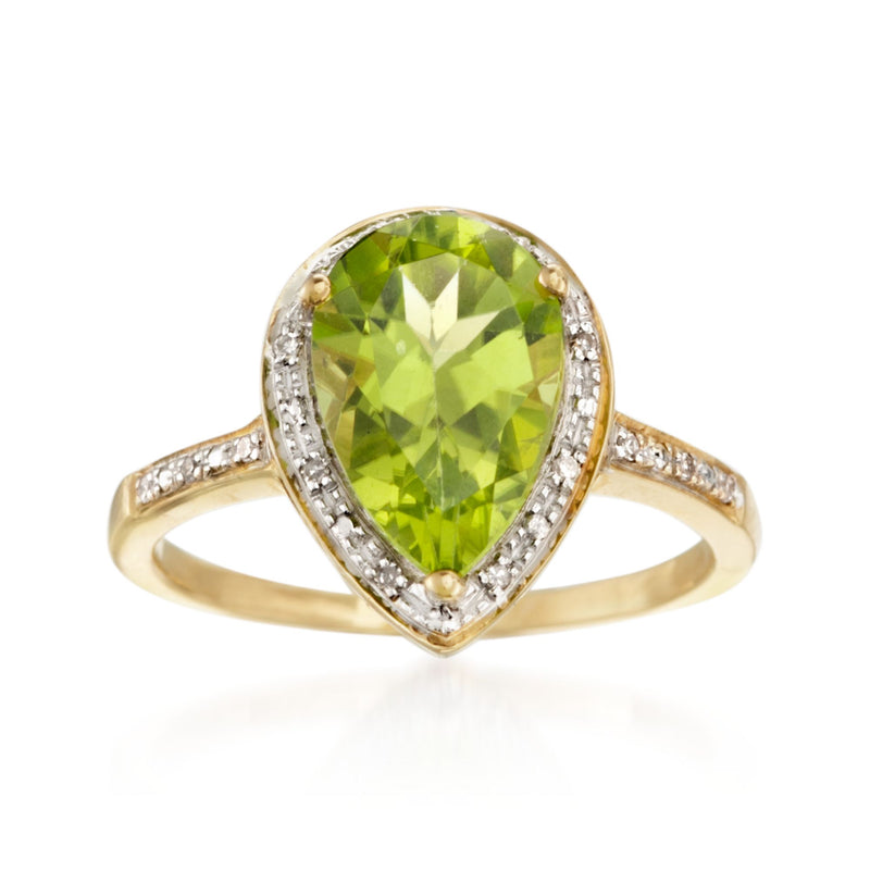 Pear-shaped peridot and diamond ring in 14kt yellow gold