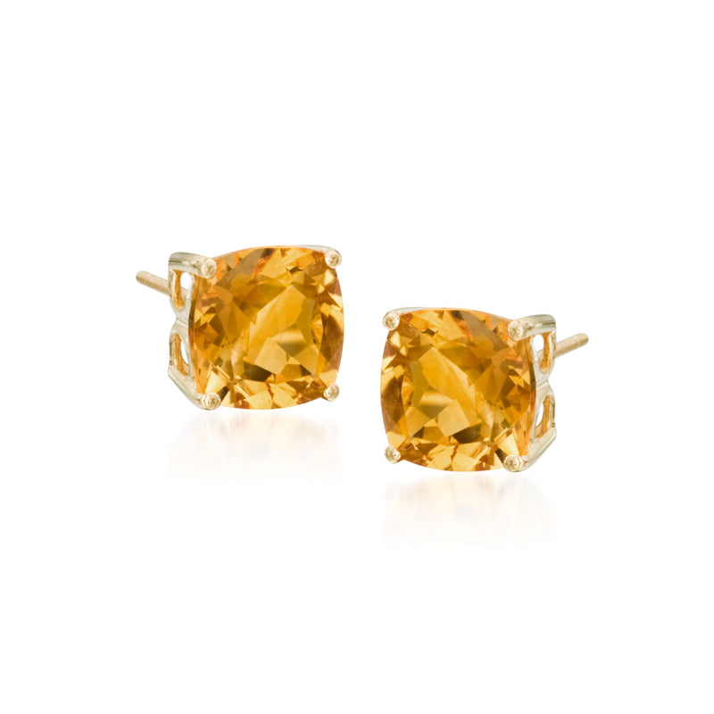 Citrine stud earrings in 14kt yellow gold, cushion-cut gemstones with prong settings