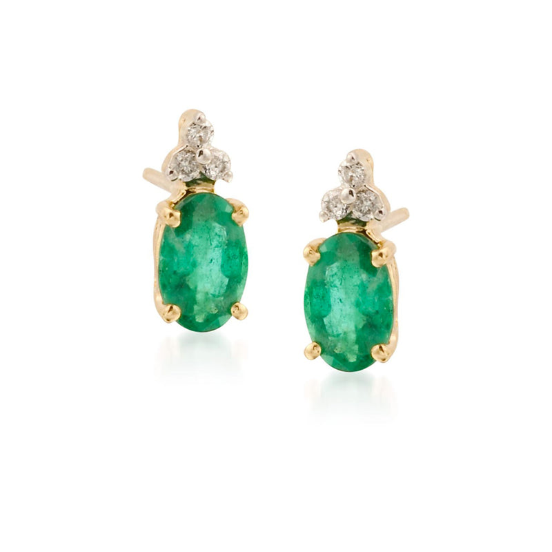 Emerald-green oval gemstone post earrings with diamond accents in 14kt yellow gold