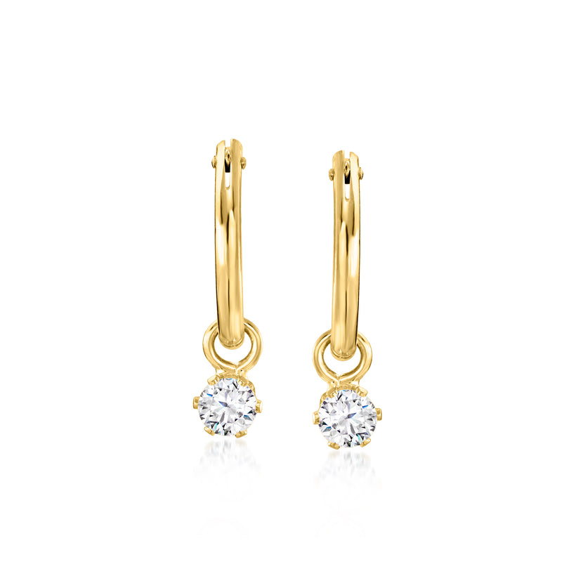 Children's 14kt yellow gold CZ hoop drop earrings with round crystal dangles