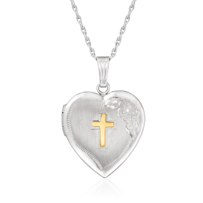 Silver heart locket necklace with floral engraving and yellow gold cross, link chain