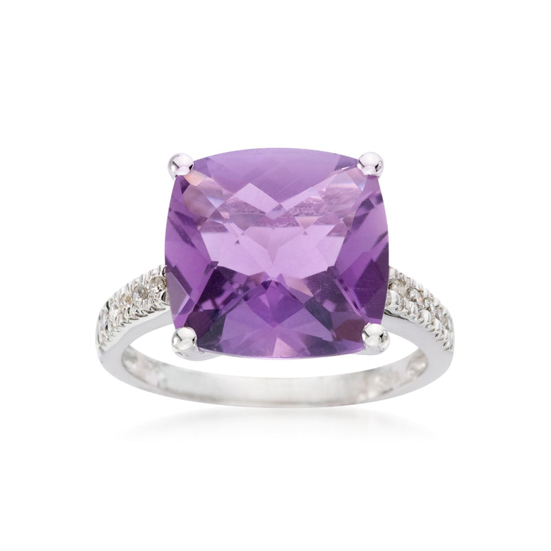 Amethyst center ring with diamond accents, cushion-cut in 14kt white gold