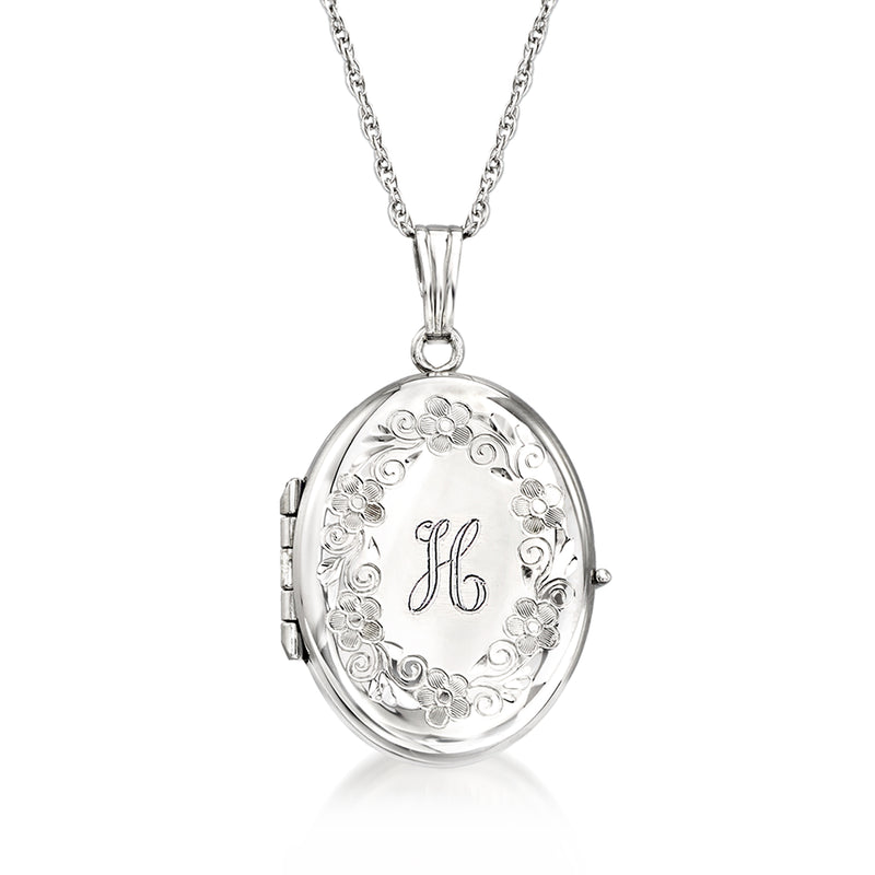 Sterling silver oval locket necklace with engraved floral border and initial monogram