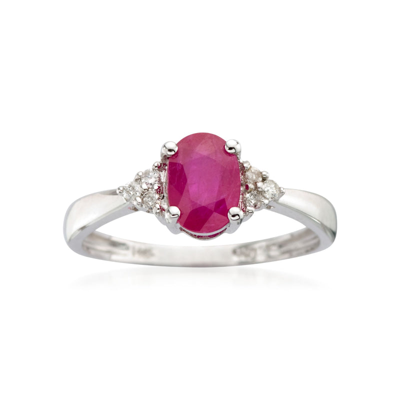 14kt white gold ruby ring with oval prong-set ruby and diamond accents