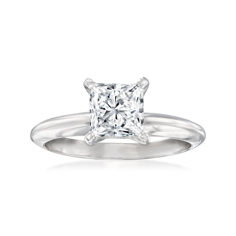 14kt white gold solitaire ring with princess-cut diamond center stone, flat band