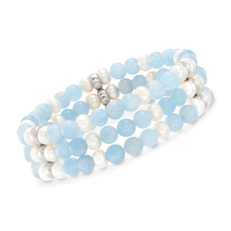 Aquamarine and cultured pearl bracelet with sterling silver clasp, blue and white beads