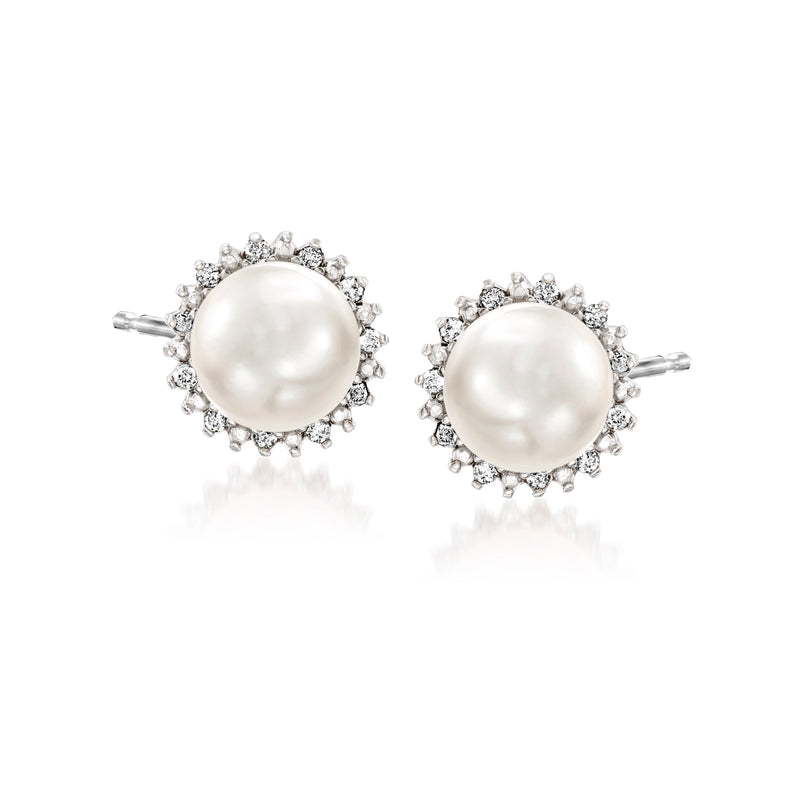 Sterling silver pearl stud earrings with diamond halo, 7mm cultured pearls