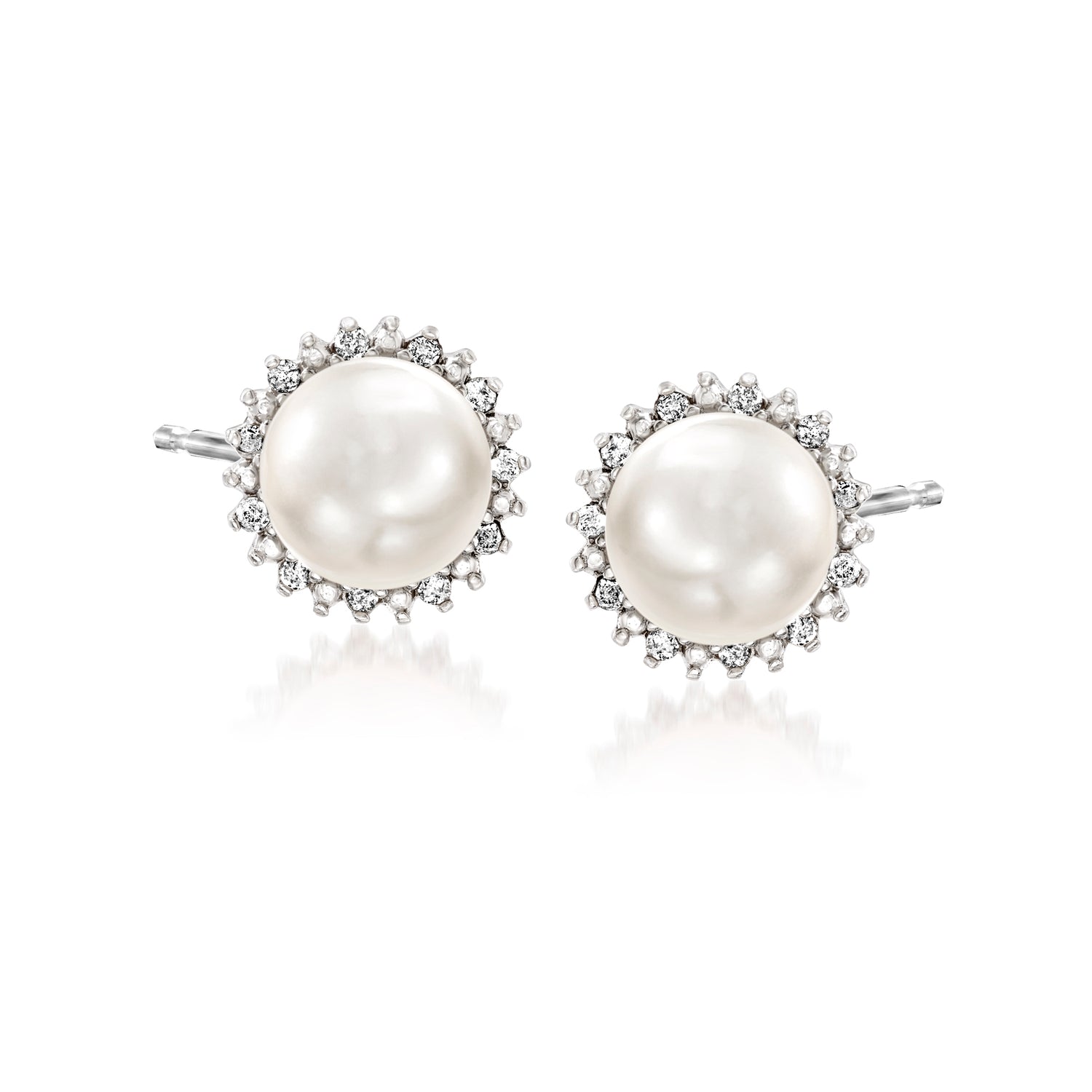 7mm Cultured Pearl Stud Earrings with Diamonds in Sterling Silver