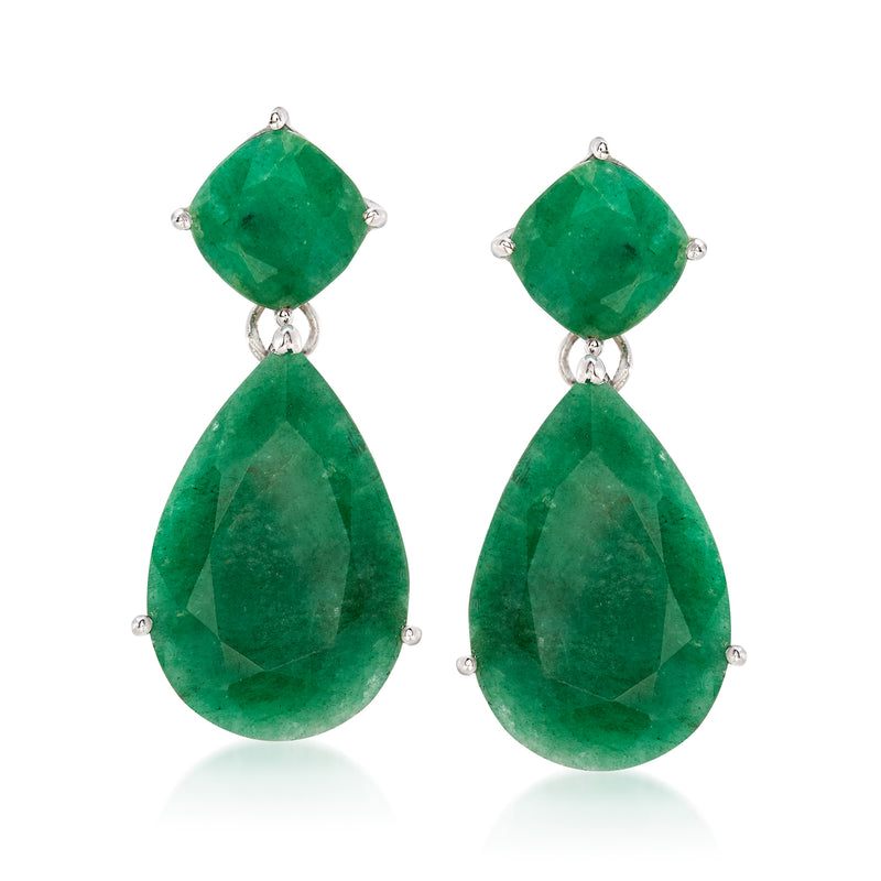 Sterling silver emerald green drop dangle earrings with two teardrop gemstones