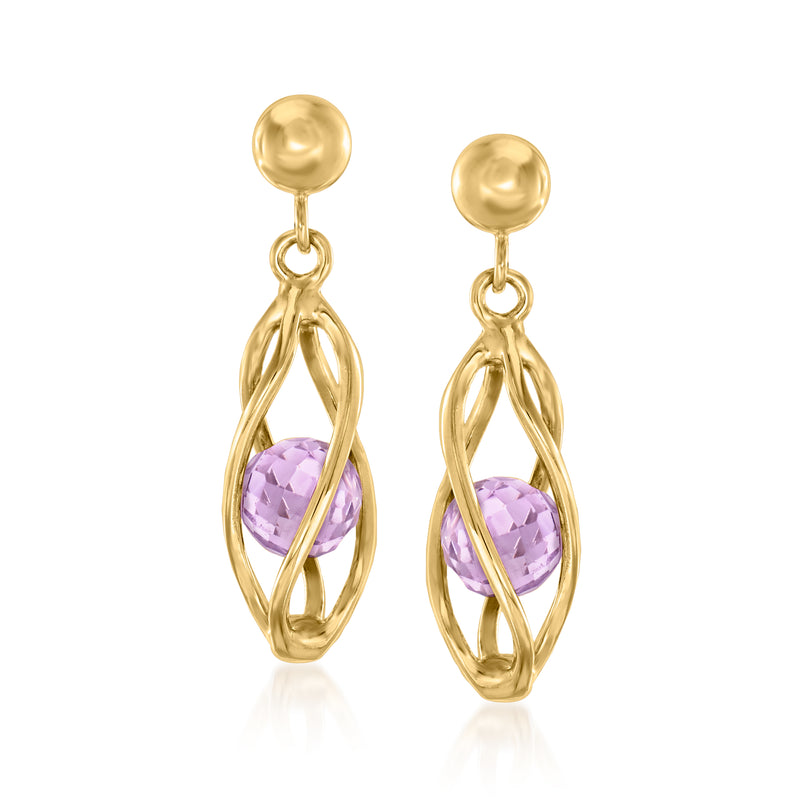 14kt yellow gold amethyst cage drop post earrings with oval purple gemstone