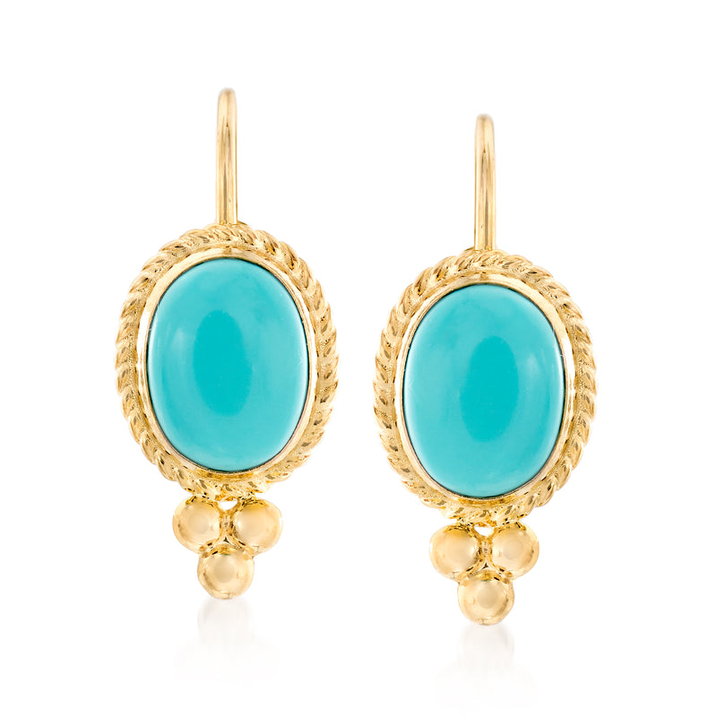 Turquoise oval roped-edge leverback earrings in 14kt yellow gold