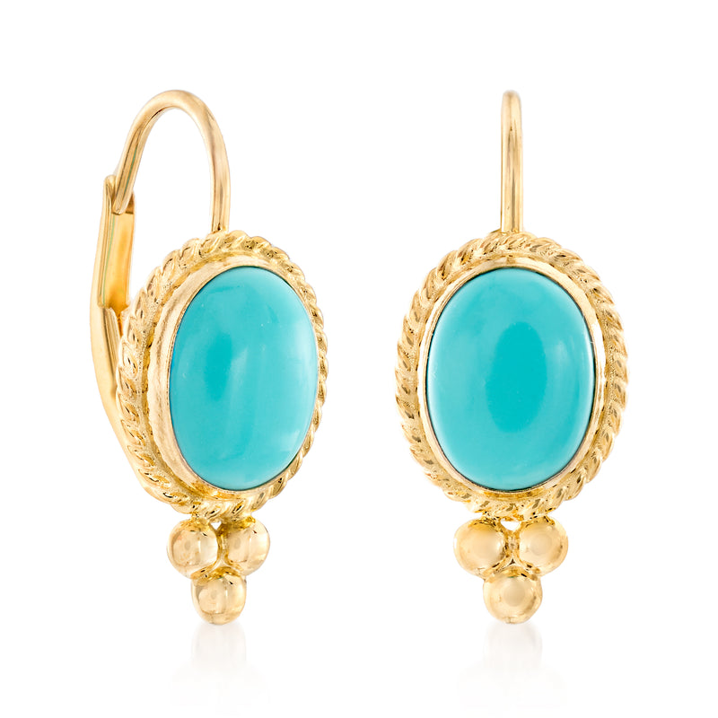 Turquoise oval roped-edge leverback earrings with bead drops, yellow gold