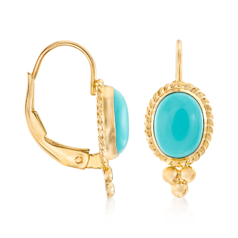 Turquoise oval leverback earrings with roped bezel and bead drop detail, yellow gold