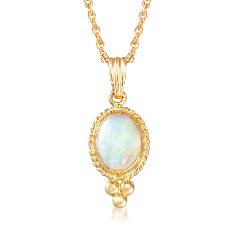 14kt yellow gold opal pendant necklace with oval opal cabochon and dangling bead detail