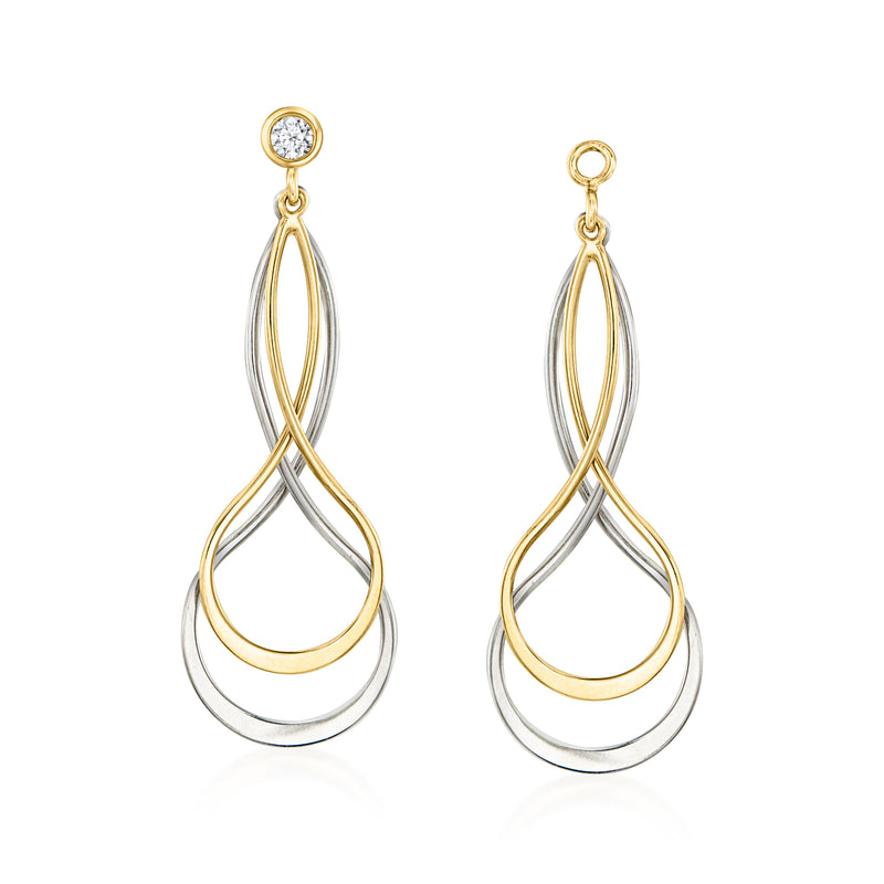 Gold and sterling silver teardrop earring jackets with layered loop drops, curved gold accents