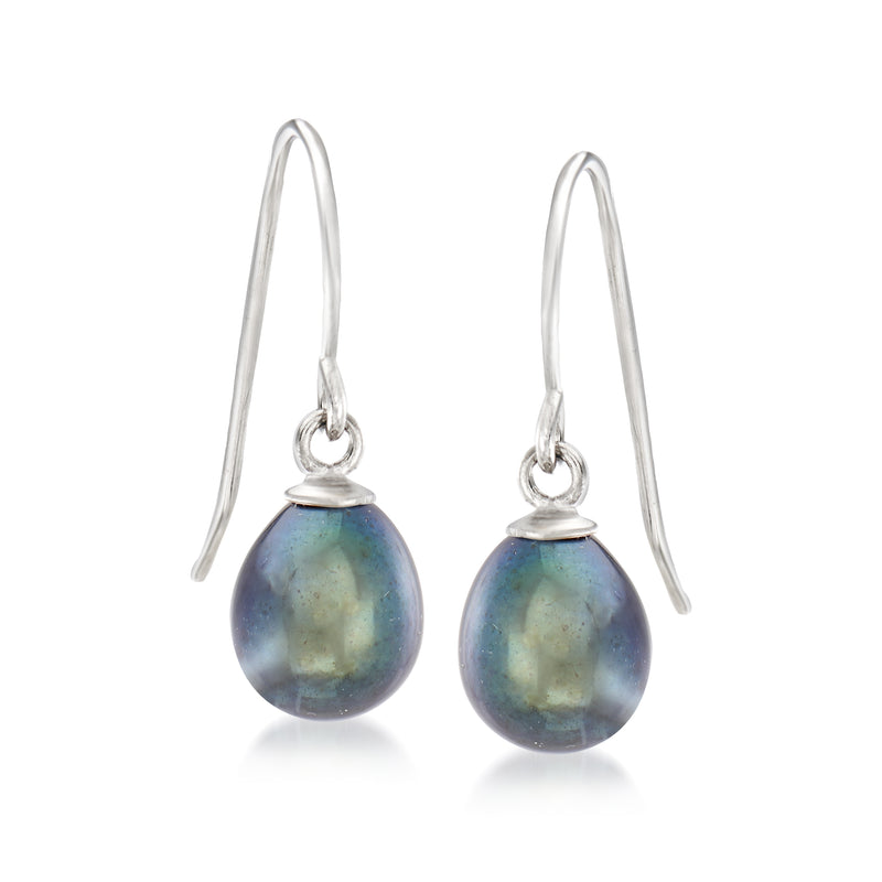 Sterling silver drop earrings with blue-green cultured pearl teardrops