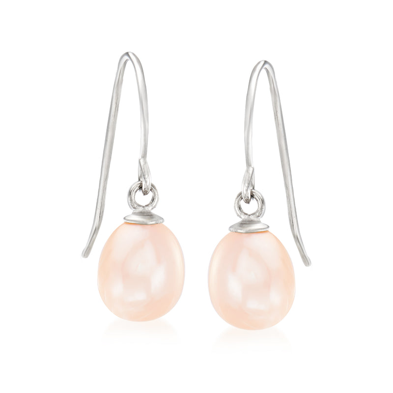 Sterling silver drop earrings with pale pink cultured pearl teardrops