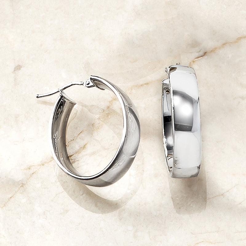 White gold oval hoop earrings, side view with hinge and clasp