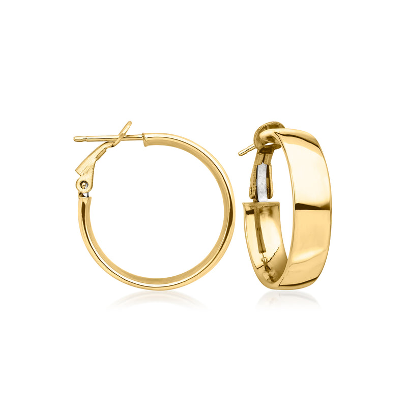 14kt yellow gold hoop earrings with hinged clasp, polished round hoops