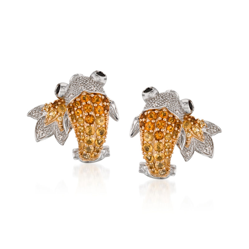 Sterling silver koi earrings with orange gemstone bodies and white diamond accents