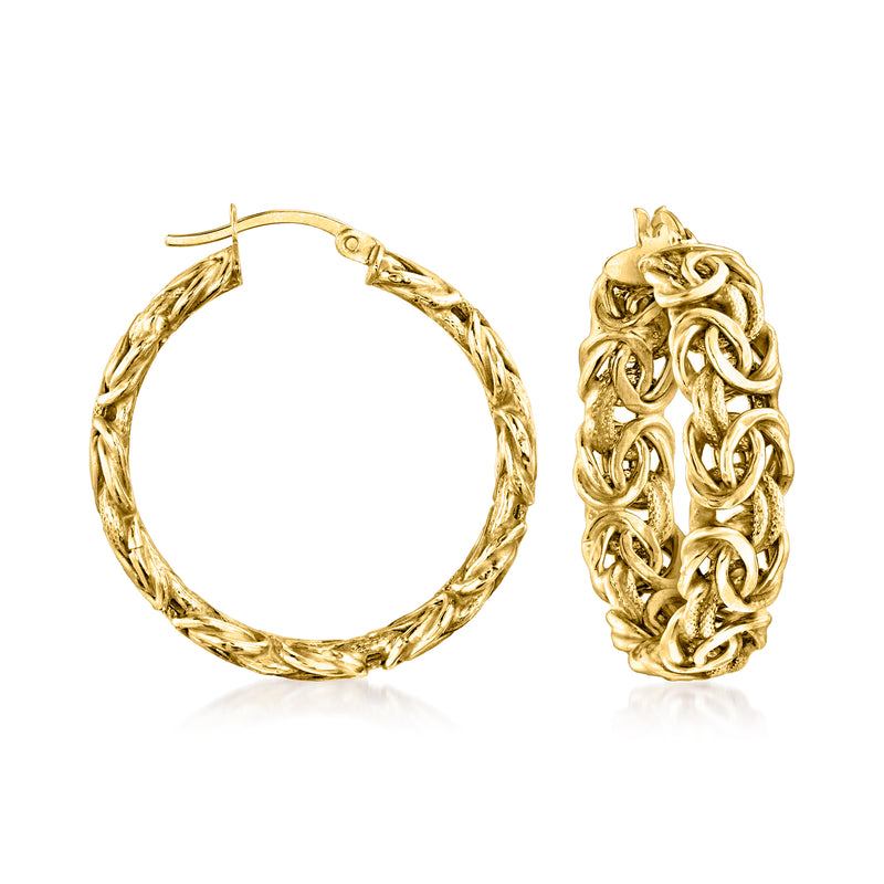 14kt yellow gold Byzantine hoop earrings with twisted rope texture, oval hoops