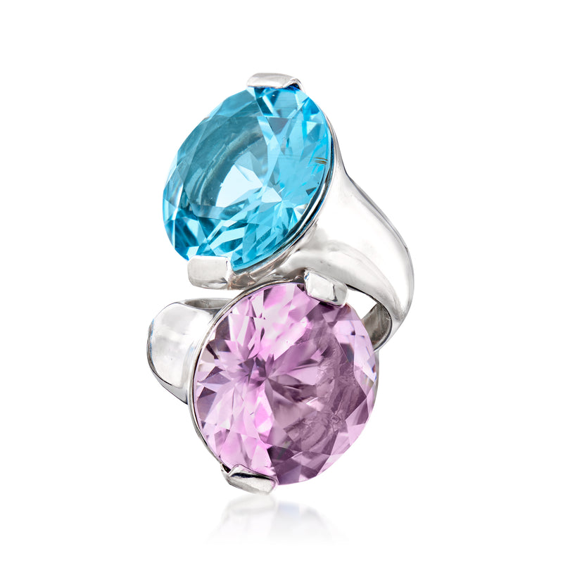 Sterling silver ring with oval blue topaz and oval amethyst stones