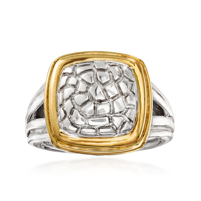 Sterling silver and 14kt yellow gold ring with textured square bezel