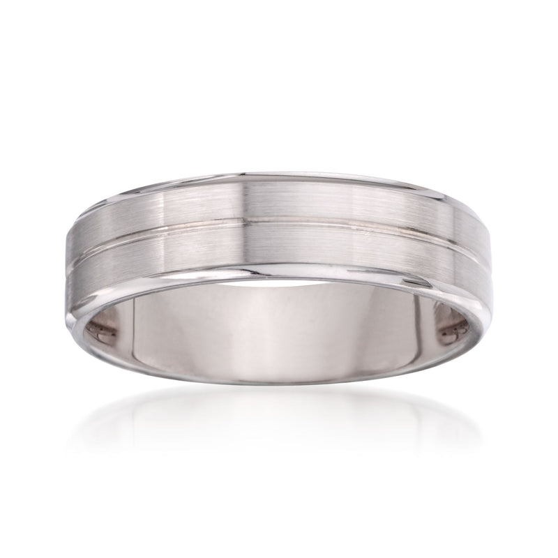 14kt white gold wedding ring, brushed 6mm wide band with smooth interior