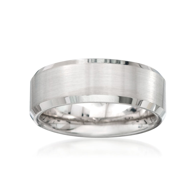 Men's tungsten carbide wedding ring, brushed silver with smooth polished edges