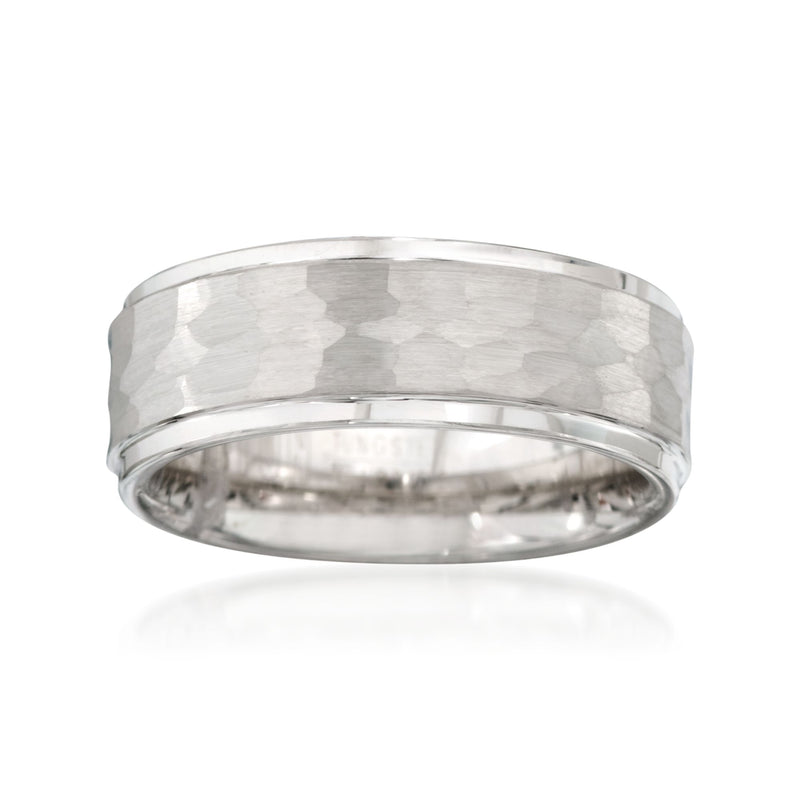 Wide silver-tone tungsten carbide wedding ring with comfort-fit inner band