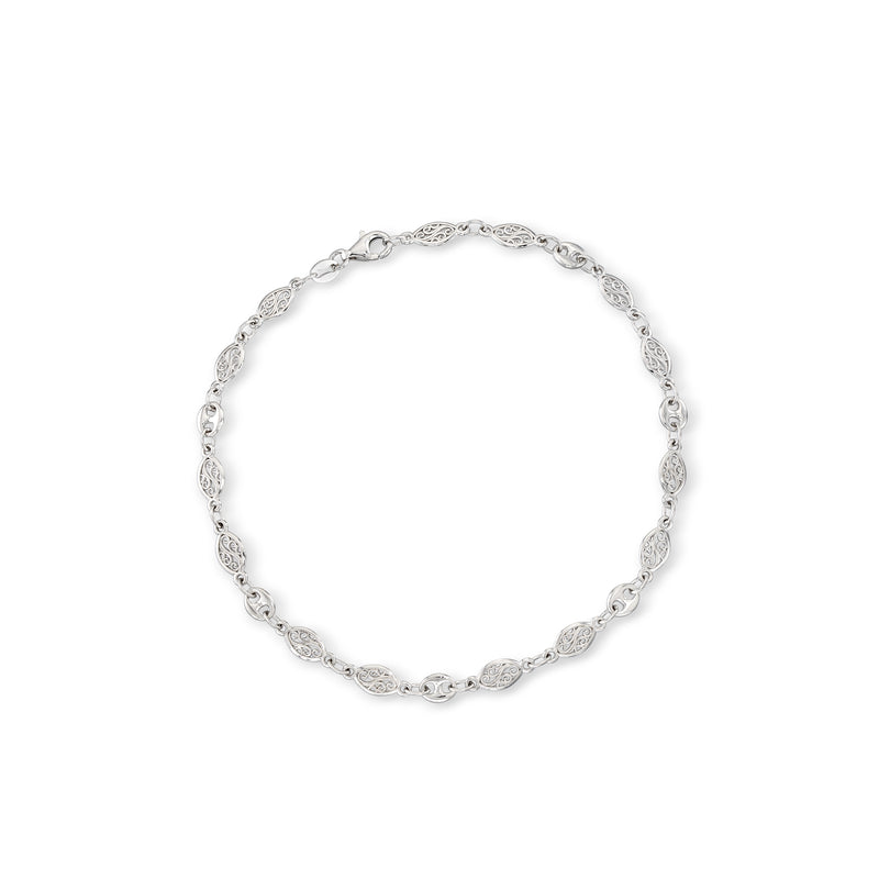 Sterling silver openwork navette anklet with oval link chain and round connector details