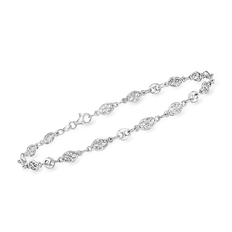Sterling silver openwork navette anklet with oval link rows, small clasp and extender