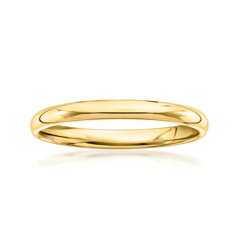 14kt yellow gold band, slim 2mm profile with polished curved top