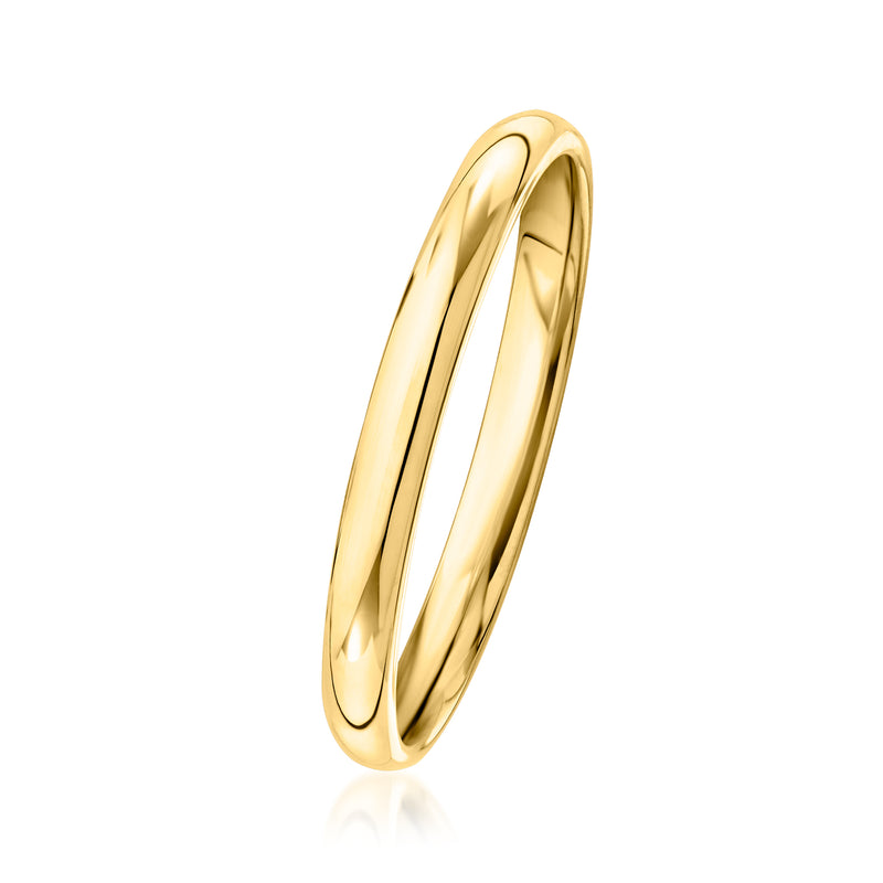 Slim 14kt yellow gold ring band with smooth polished finish, angled side view