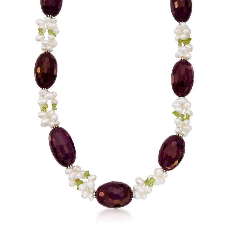 Cultured pearl and purple agate necklace with green accents, faceted oval stones